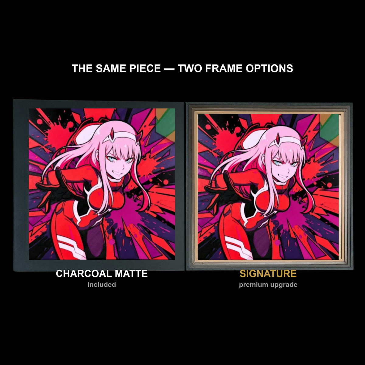 The same WTx3D artwork shown in both frame options, Charcoal Matte beside the Signature premium frame
