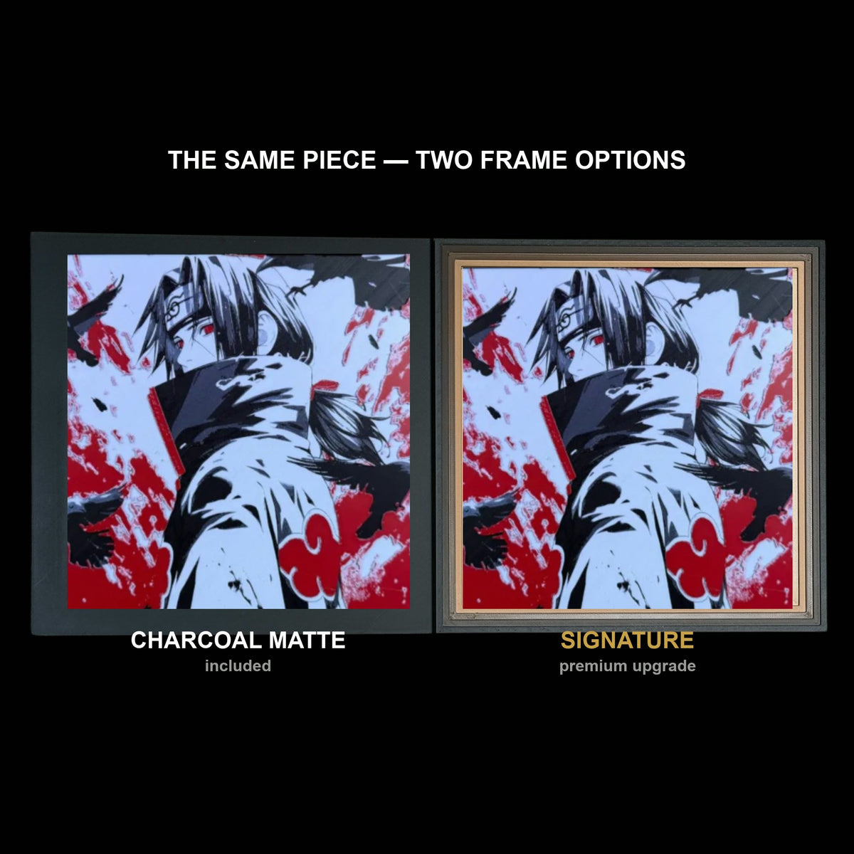The same WTx3D artwork shown in both frame options, Charcoal Matte beside the Signature premium frame