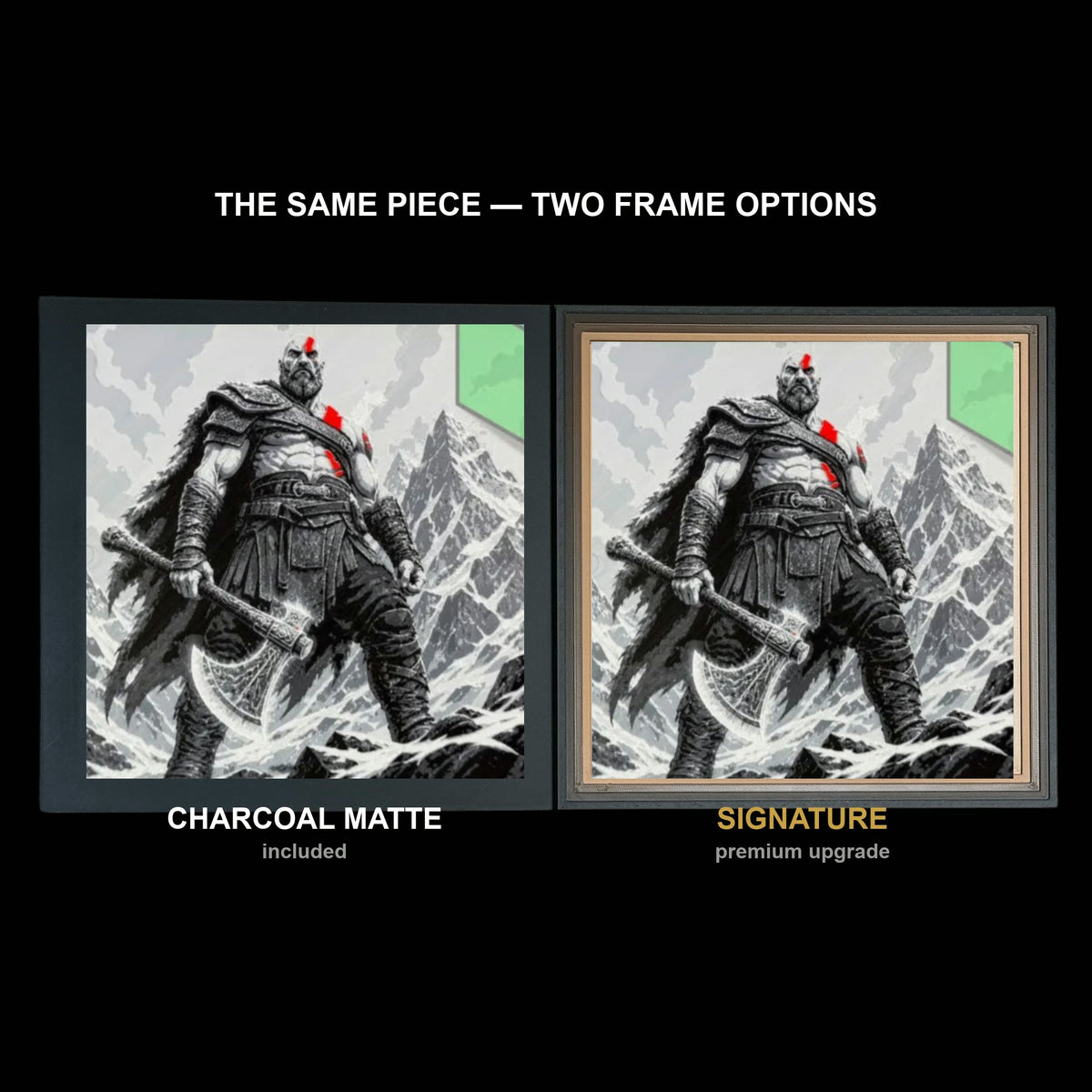 The same WTx3D artwork shown in both frame options, Charcoal Matte beside the Signature premium frame