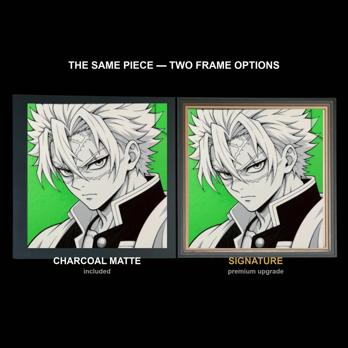 The same WTx3D artwork shown in both frame options, Charcoal Matte beside the Signature premium frame