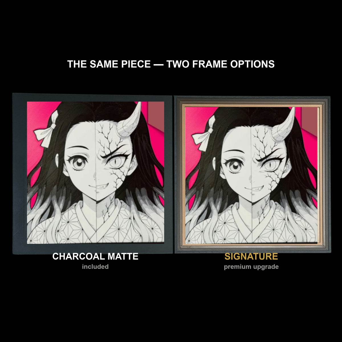 The same WTx3D artwork shown in both frame options, Charcoal Matte beside the Signature premium frame