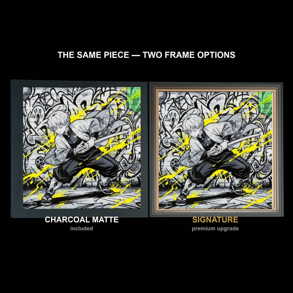 The same WTx3D artwork shown in both frame options, Charcoal Matte beside the Signature premium frame