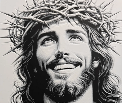 Framed 3D layered art piece featuring a highly detailed grayscale portrait of Jesus Christ wearing a crown of thorns and looking upward against a dark background.