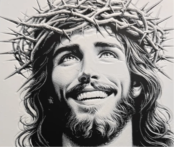 Framed 3D layered art piece featuring a highly detailed grayscale portrait of Jesus Christ wearing a crown of thorns and looking upward against a dark background.