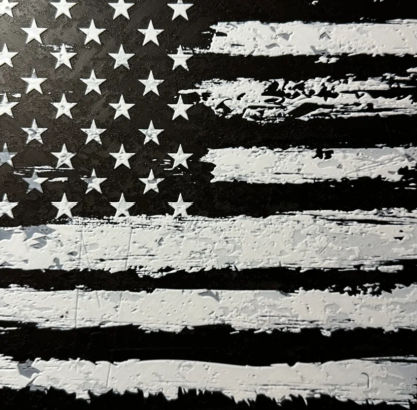 Framed 3D layered art piece featuring Black and white stylized American flag 