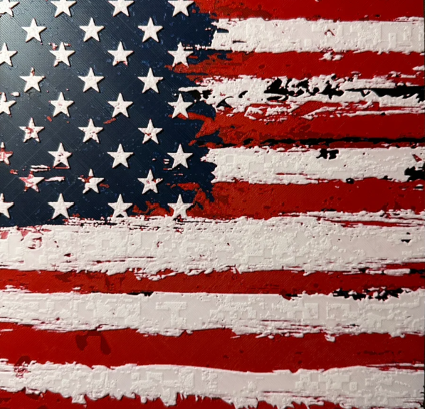 Framed 3D layered art piece featuring stylized American flag in red white and blue