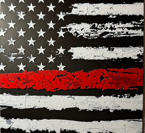 Framed 3D layered art piece featuring Thin Red Line American flag layered art in grayscale with red stripe