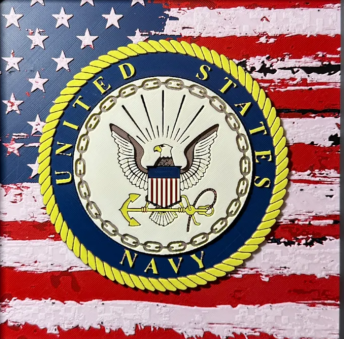 Framed 3D layered art piece featuring U.S. Navy emblem over stylized American flag in red white and blue