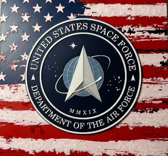 Framed 3D layered art piece featuring U.S. Space Force emblem over stylized American flag in red white and blue