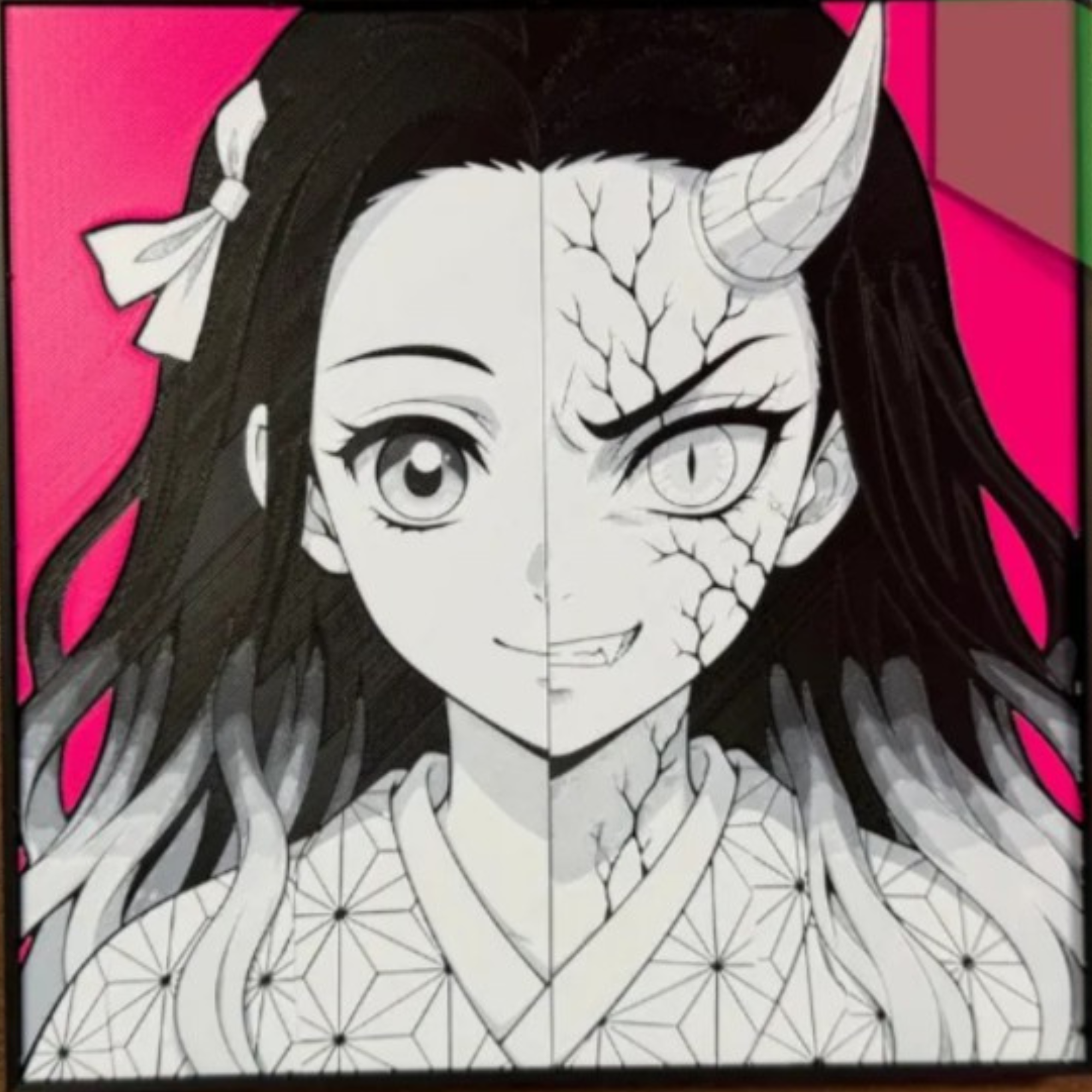 Split Form Horned Demon Girl Pink Background Framed 3D Layered Art