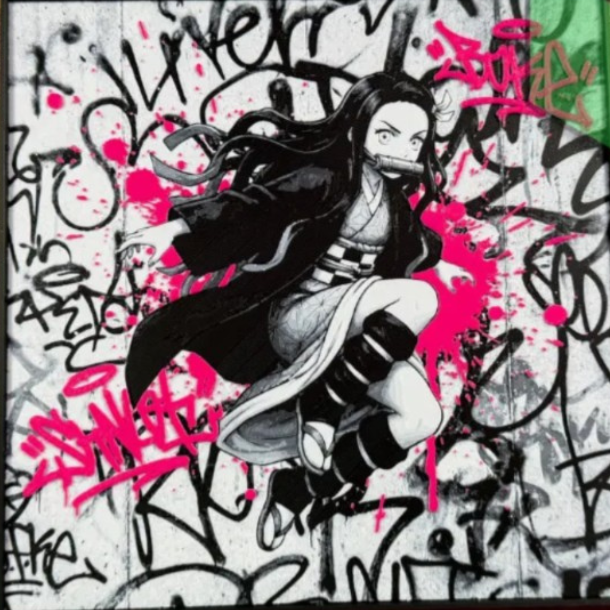 Dark-haired demon girl with a bamboo muzzle leaping in front of black-and-pink graffiti