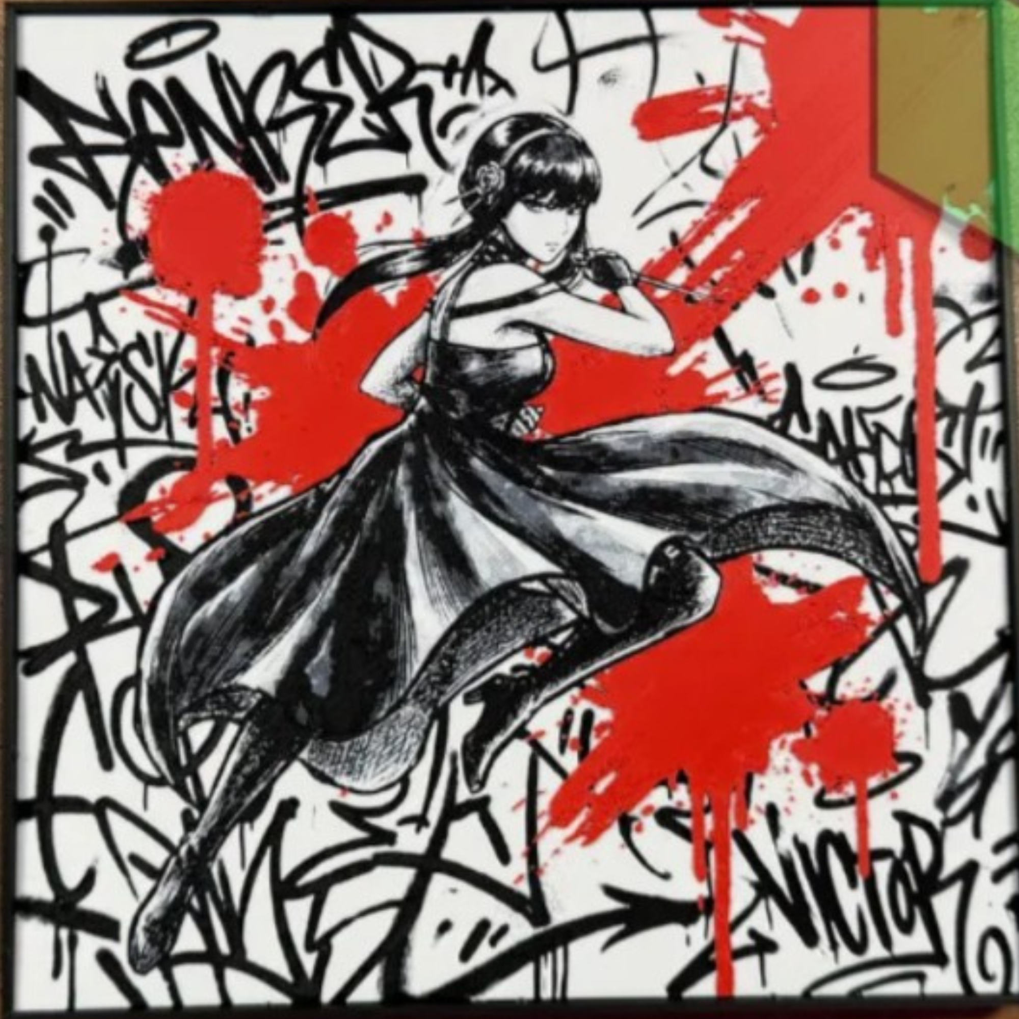 Black-haired thorn assassin in a flowing black dress against red paint splashes and graffiti
