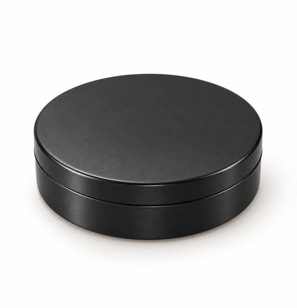 Black metal round tin with lid, blank