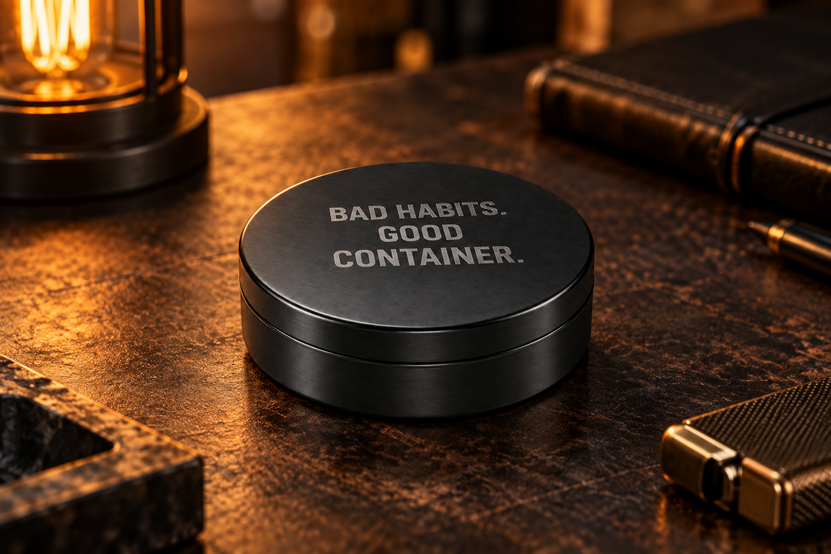 Black metal tin engraved 'Bad Habits. Good Container.'