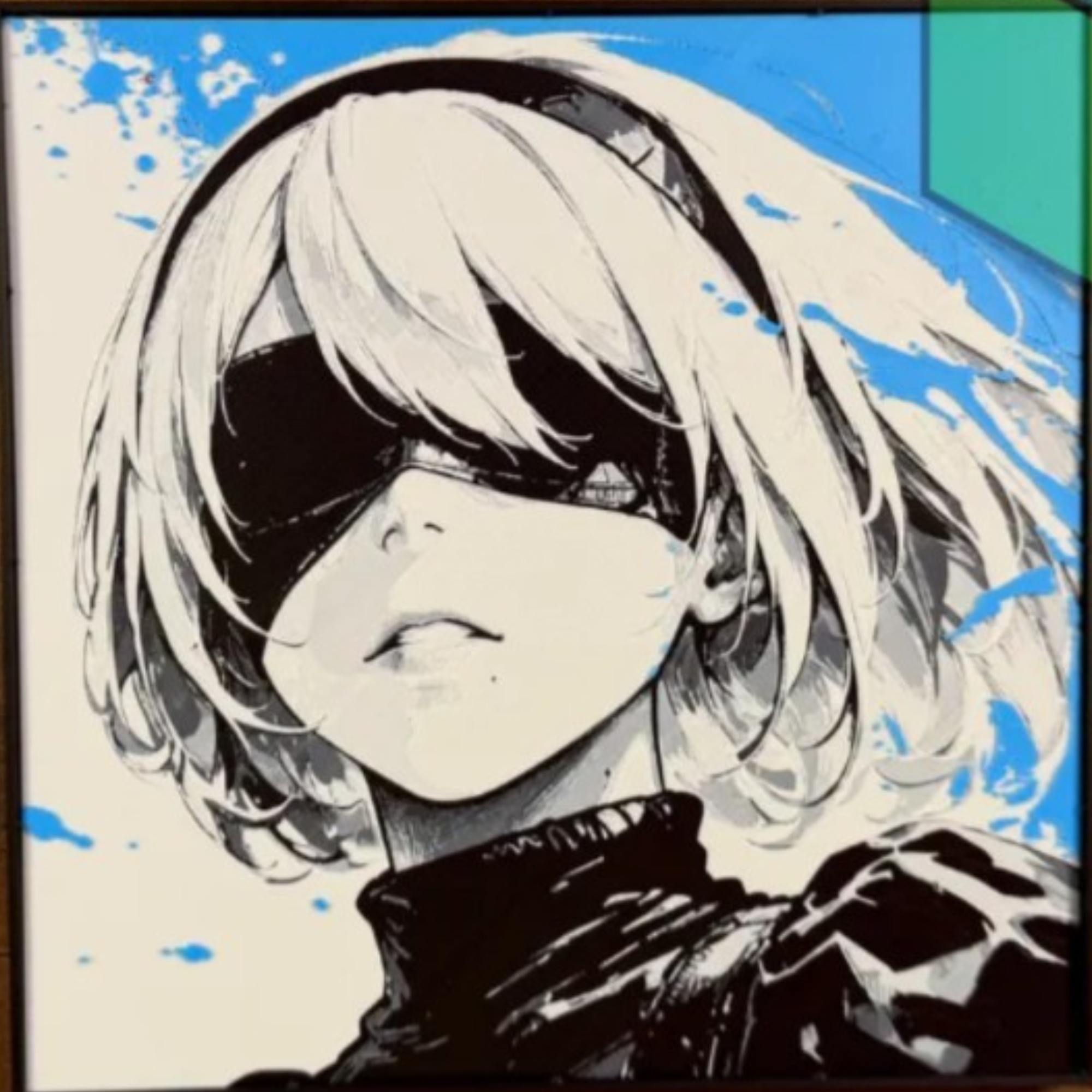 Blindfolded white-haired android warrior in black with a blue paint-splatter background