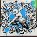 Boar-masked dual-sword warrior leaping through blue paint splashes in front of a graffiti wall