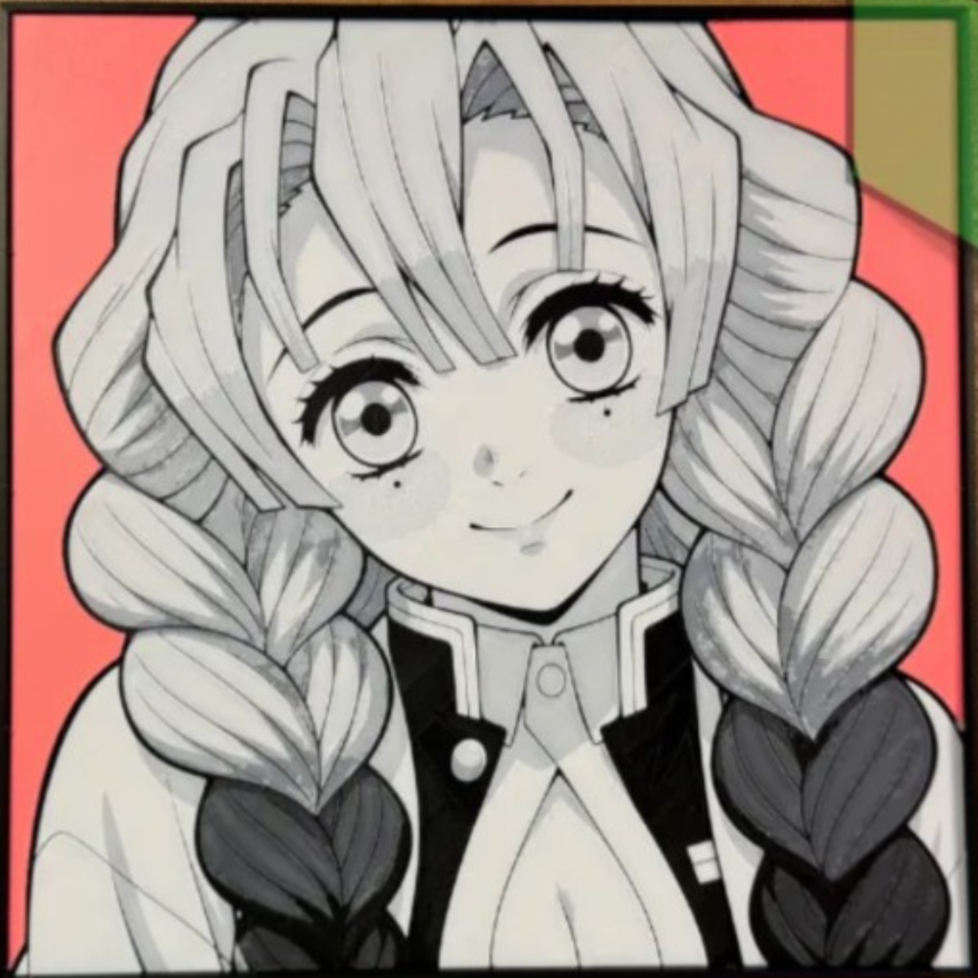 Braided love swordswoman with large eyes and long twin braids against a coral-pink background