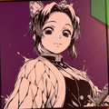 Butterfly-themed swordswoman with short dark hair, a patterned cloak, and a sword against a deep purple background