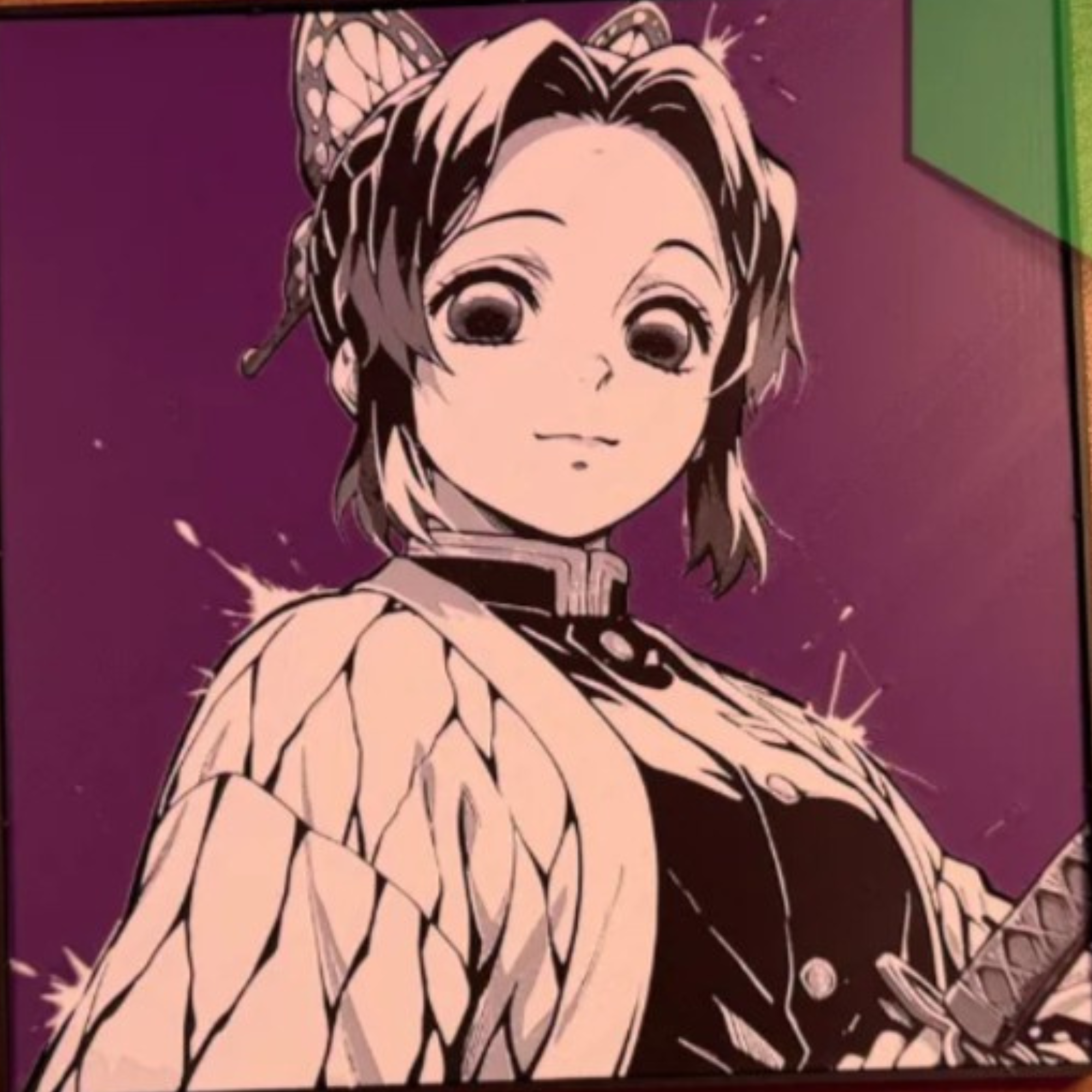 Butterfly-themed swordswoman with short dark hair, a patterned cloak, and a sword against a deep purple background