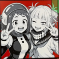 Cheerful hero girl and mischievous villain girl posing together with peace signs against a red background