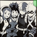 Four young hero students posing together in coordinated combat uniforms