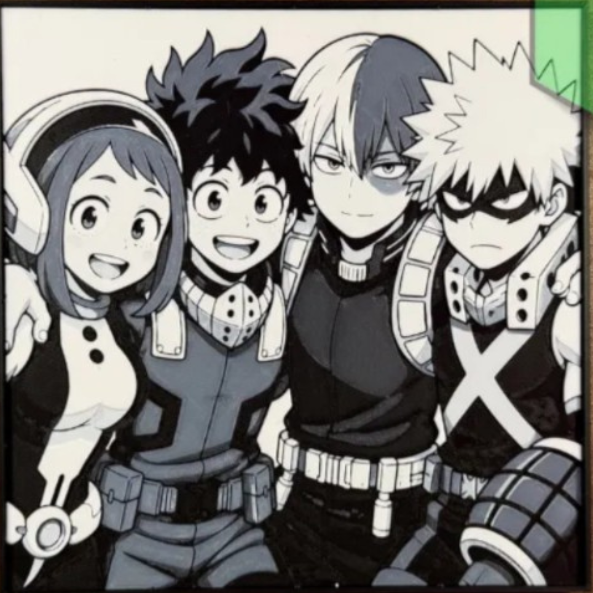 Four young hero students posing together in coordinated combat uniforms