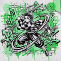 Green checkered sword warrior leaping through swirling motion lines in front of a graffiti wall