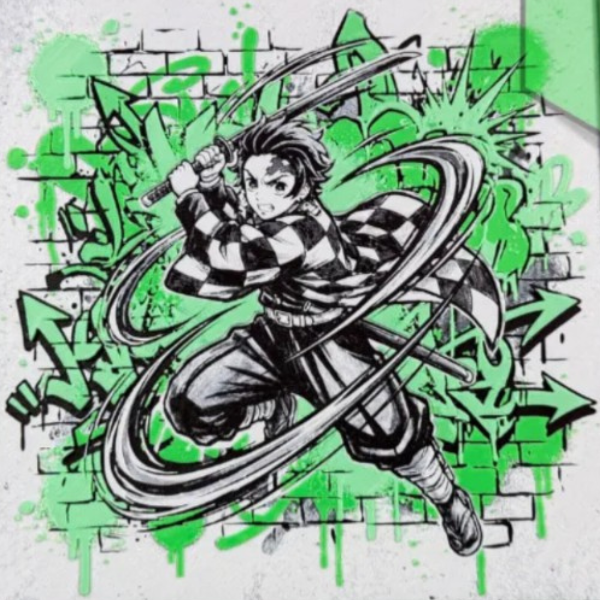 Green checkered sword warrior leaping through swirling motion lines in front of a graffiti wall