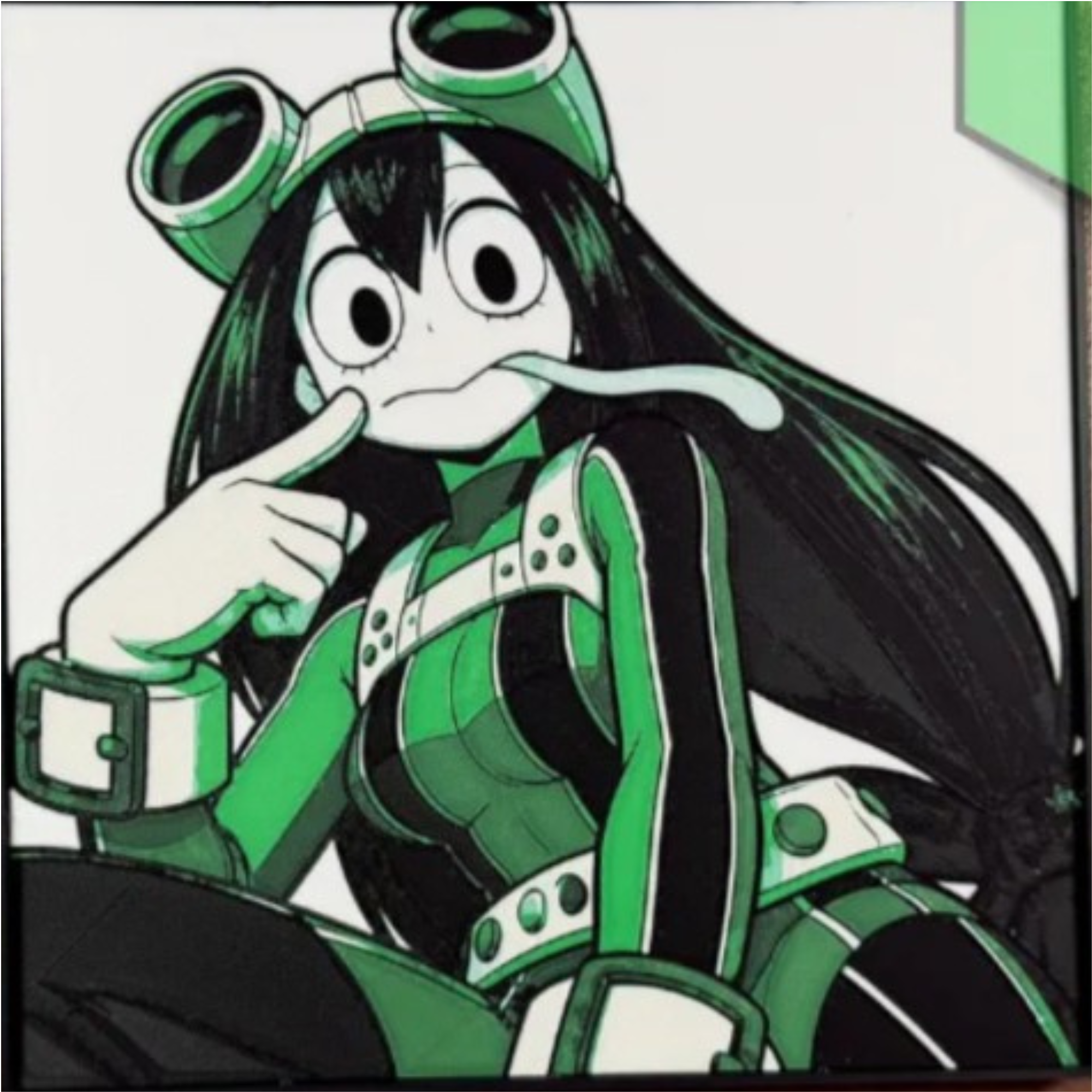 Green frog-themed hero girl with goggles, long dark hair, and an extended tongue