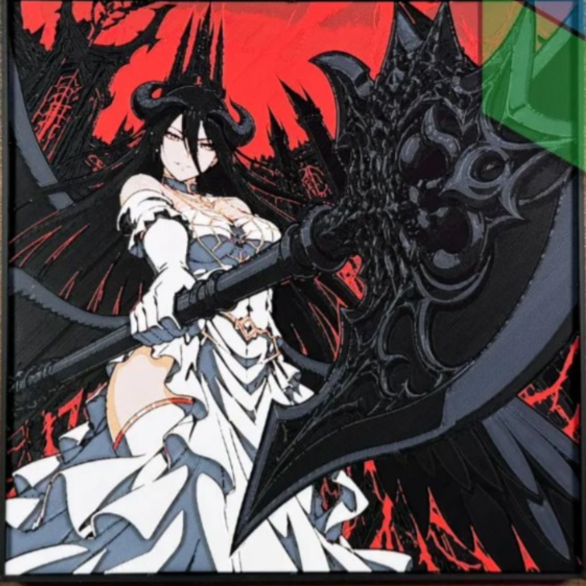 Horned dark queen in a flowing white gown holding an oversized black battle axe against a red gothic background