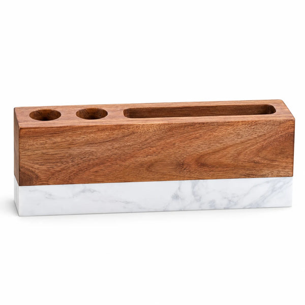 Marble and wood desk name plate with pen holes and business card slot