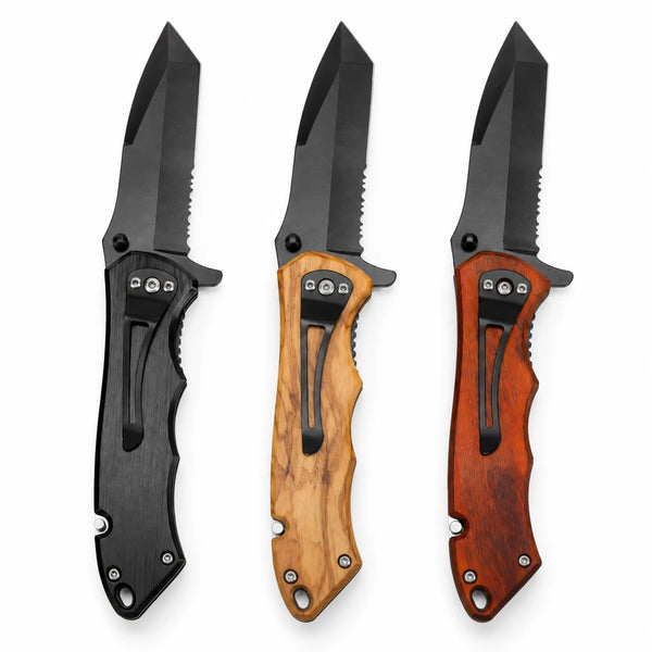 Folding pocket knife blank shown in three finishes: black anodized aluminum, natural wood and rosewood