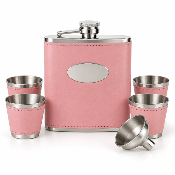 Pink leatherette flask gift set blank