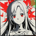 Long-haired virtual swordswoman with bright red eyes against a red-and-white heart background