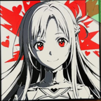 Long-haired virtual swordswoman with bright red eyes against a red-and-white heart background