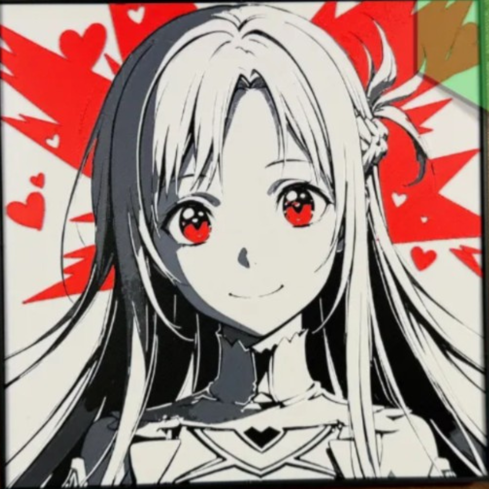 Long-haired virtual swordswoman with bright red eyes against a red-and-white heart background