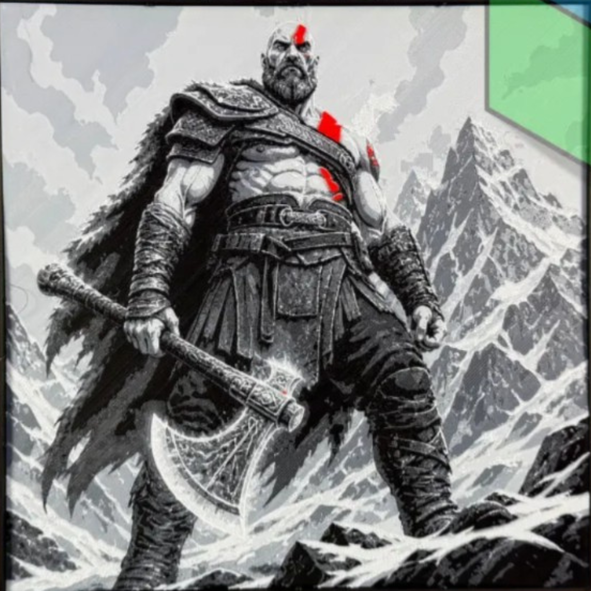 Red-marked mountain warrior holding a large engraved axe in a snowy mountain landscape