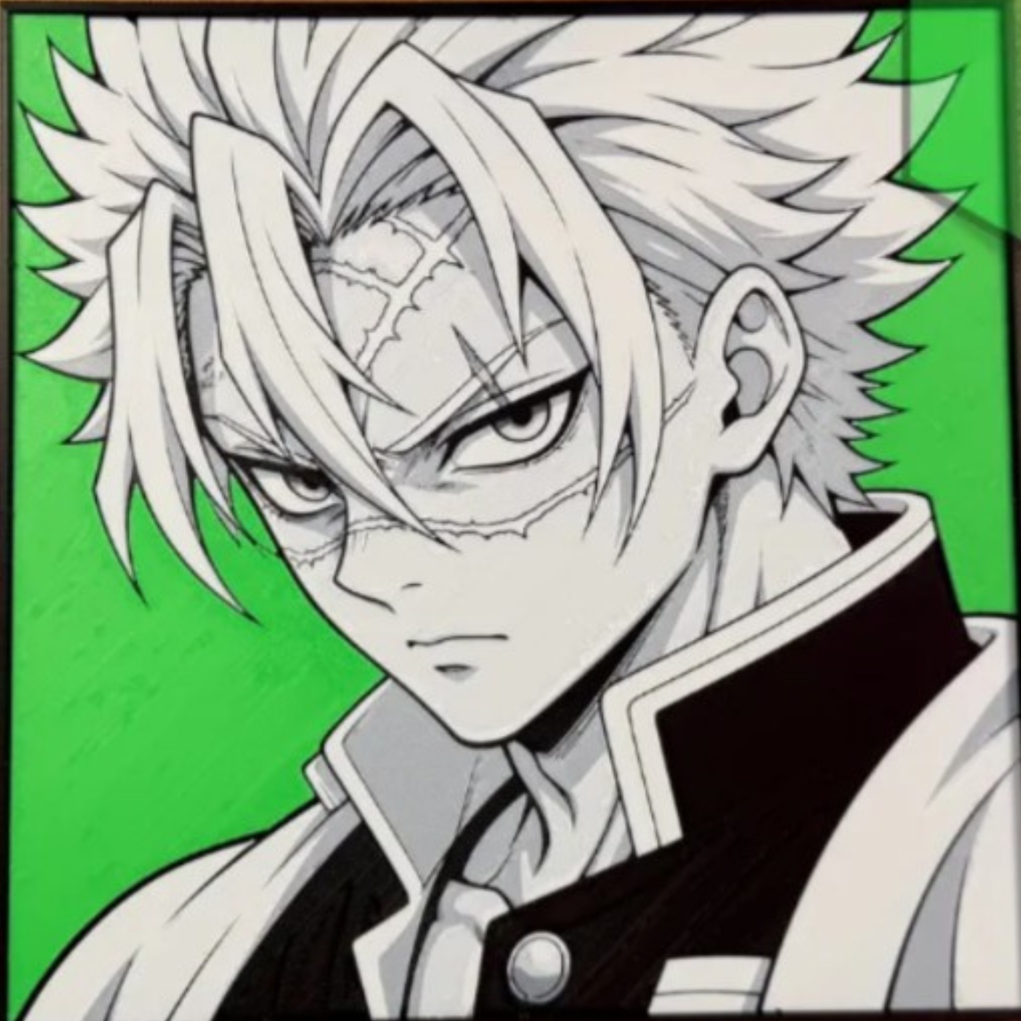 Scarred white-haired wind swordsman with a stern expression against a vivid green background
