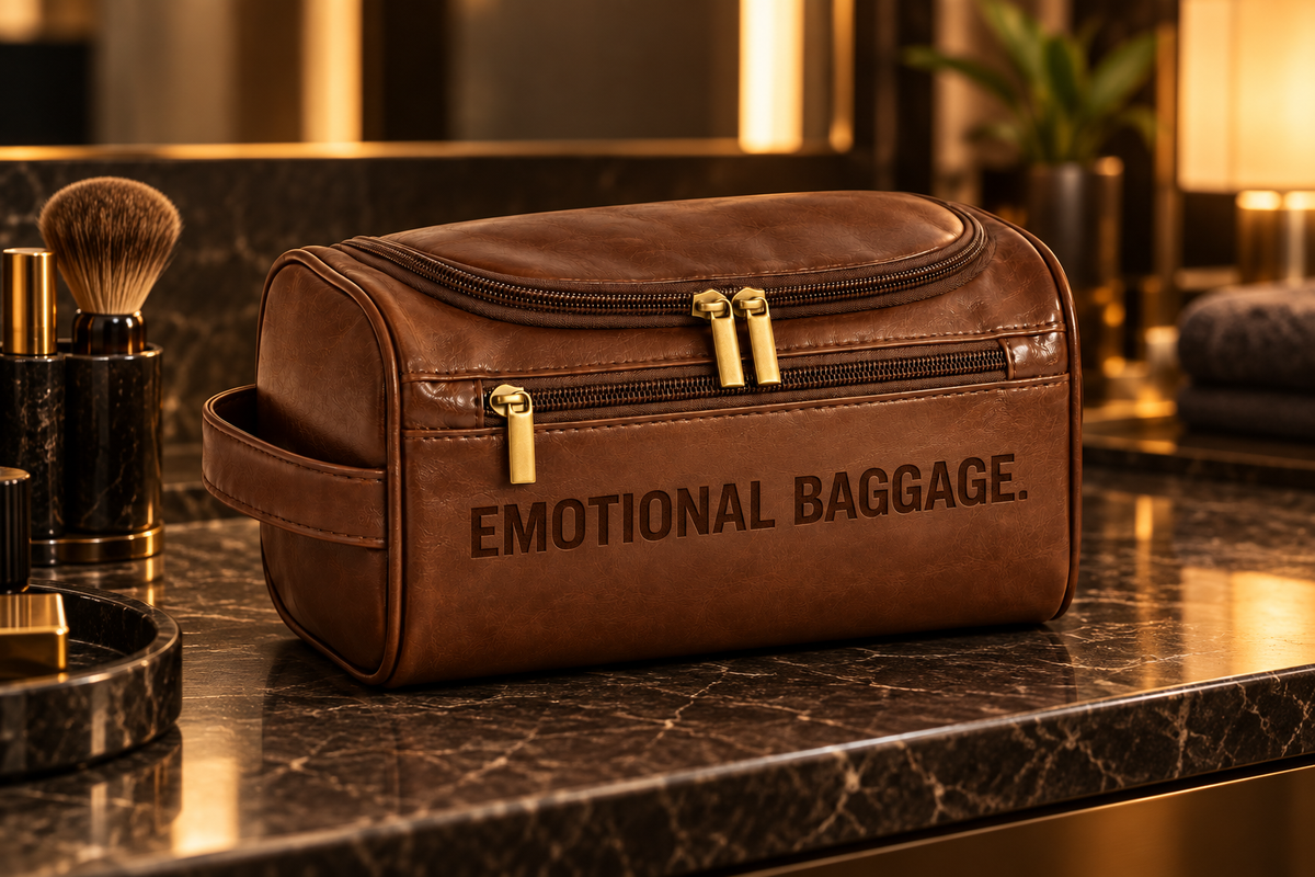 Brown toiletry bag engraved 'Emotional Baggage.'
