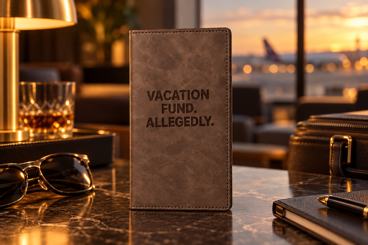 Brown leather travel wallet engraved 'Vacation Fund. Allegedly.'