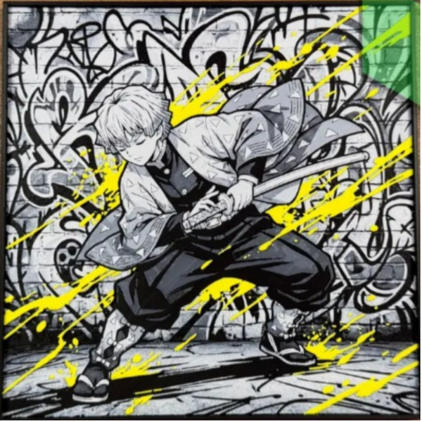 Yellow Lightning Swordsman Graffiti — framed 3D layered art handmade by WTx3D in Sonora, Texas